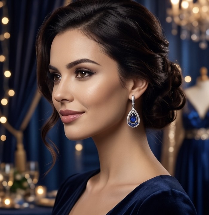 Vintage style - Giovanna - 6.8 carat Sapphire .925 Sterling Silver handcrafted earrings - Side view of woman wearing vintage style sapphire earrings.