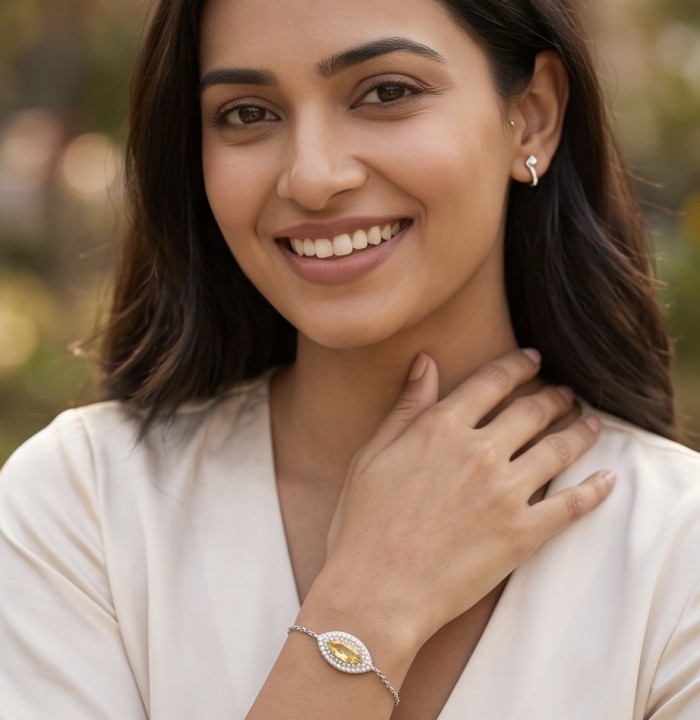 Luxurious 4.5 carat marquoise cut Yellow Sapphire .925 Sterling Silver handcrafted Statement Bracelet - Yellow Sapphire bracelet worn on wrist, highlighting stone and design.