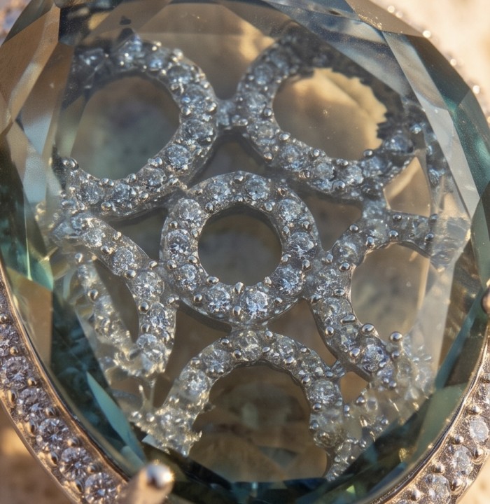 Mystery 17.4 carat Grandidierite .925 Sterling Silver Handcrafted Pendant - Close-up of Grandidierite stone and diamond accents in sterling silver setting.