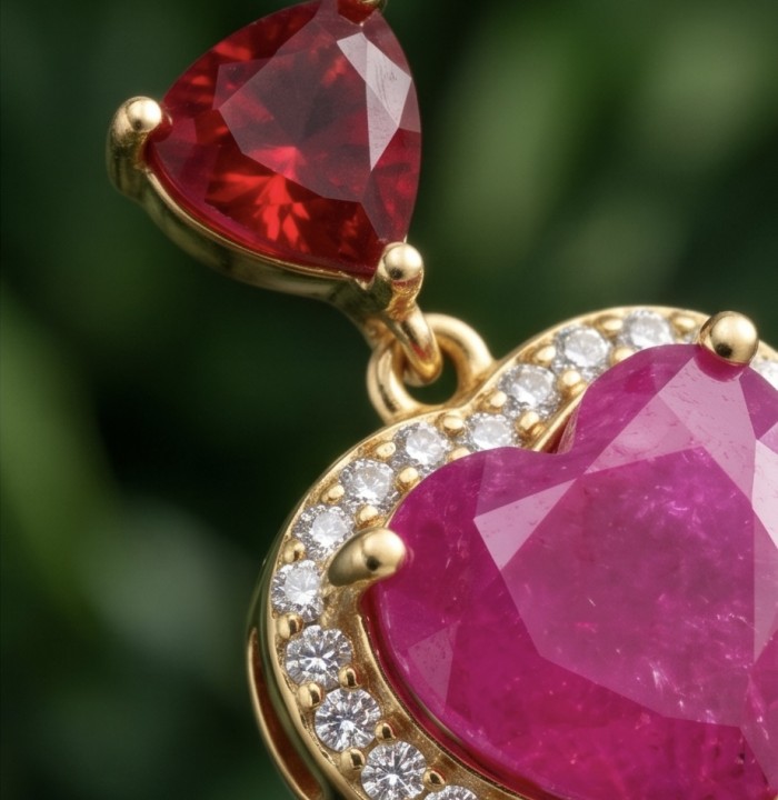 Genuine 5.4 carat Ruby 14K Gold over .925 Sterling Silver handcrafted Statement Earrings - Close-up of heart-shaped ruby pendant with diamond accents in gold setting.