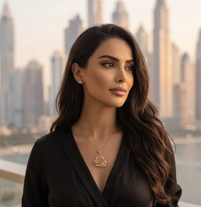 Dubai Style - Golden Rose .925 Sterling Silver dipped in 22K Gold handmade Pendant - Woman wearing Dubai Style - Golden Rose necklace, cityscape background