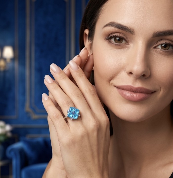 Ocean Blue 5.2 carat Swiss Blue Topaz .925 Silver handcrafted Cocktail Ring s. 8 - Woman wearing Ocean Blue Topaz ring, front view, hand near face
