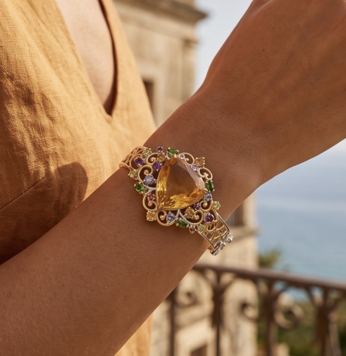 Marie Antoinette's Style - Authentic 28.9 carat Brazilian Citrine .925 Sterling Silver dipped in 18K Gold handcrafted Bracelet - Worn on wrist, ornate bracelet with large yellow stone and colorful gems.