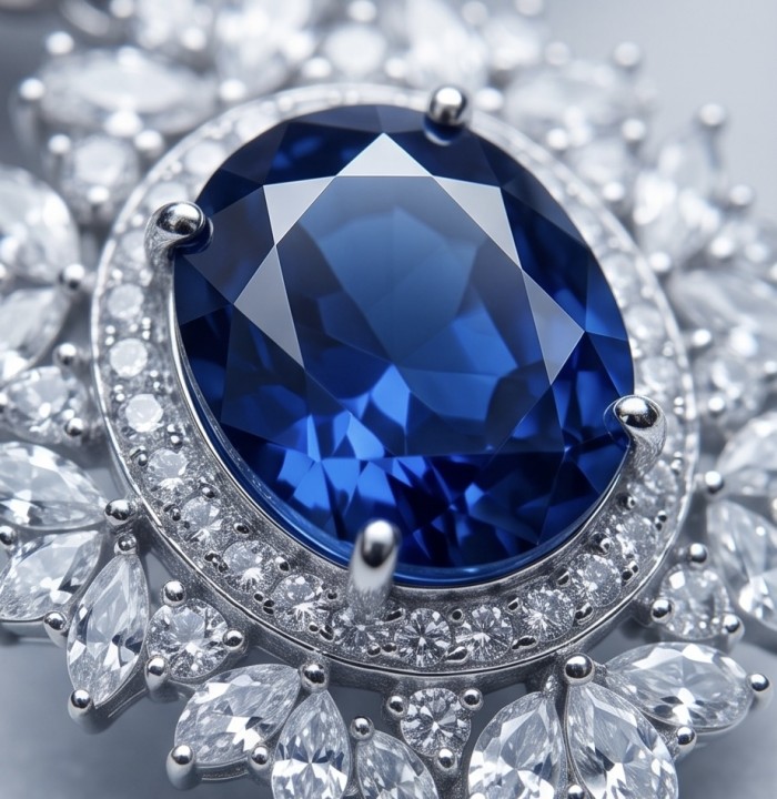 Giuseppina - Authentic 7.5 carat Sapphire 4.9 cartra Moissanite rhodium over .925 Sterling Silver handcrafted Statement earrings - Sapphire and moissanite close-up highlighting stone detail.