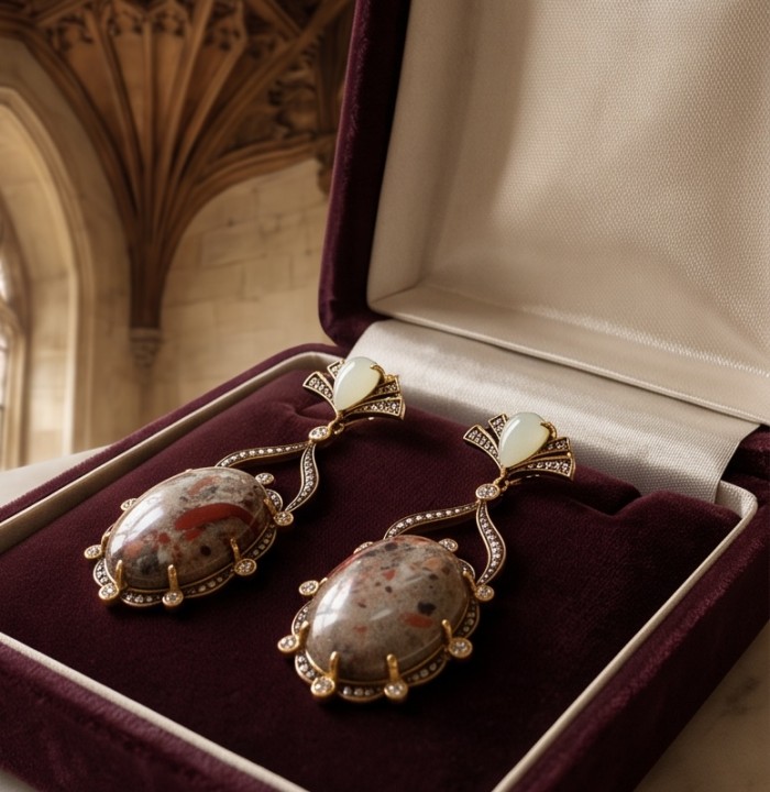 Morrisonite Jasper - "King of Jaspers" FROM OREGON .925 Sterling Silver dipped in 14K Gold handcrafted Statement Earrings - Morrisonite Jasper earrings in a velvet box, front view close-up.