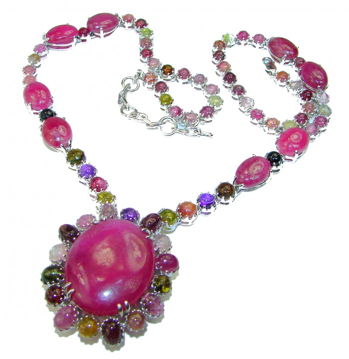 Infinity 70.5 grams authentic Ruby Tourmaline .925 Sterling Silver handcrafted necklace - photo 1