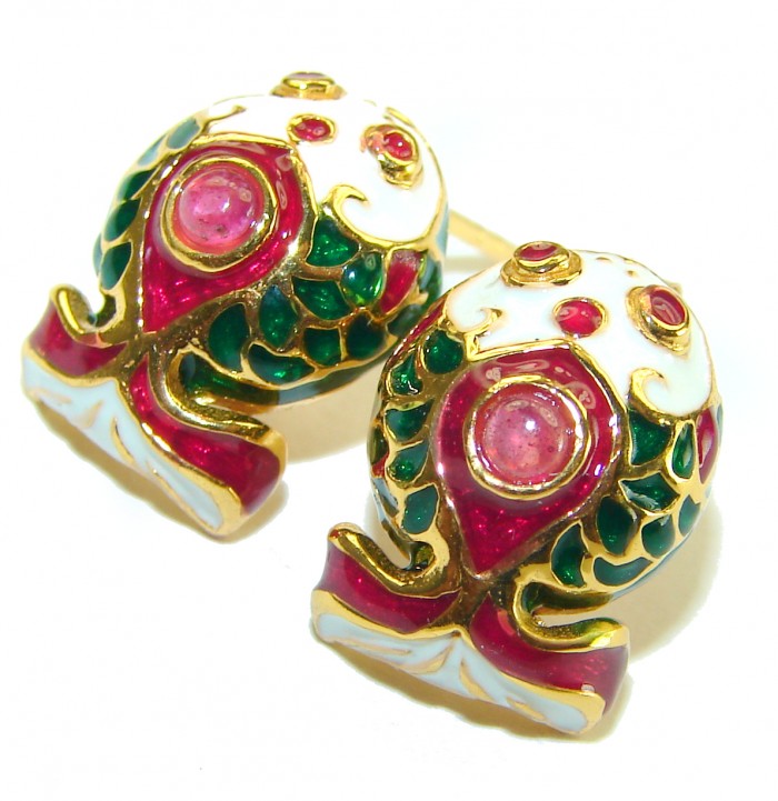 Cute Fishes Genuine Enamel 14K Gold over .925 Sterling Silver handcrafted Earrings - photo 1