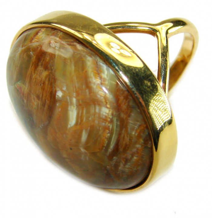 Large Silky Golden Pietersite 14K Gold over .925 Sterling Silver handmade Ring size 8 1/4 - Side view of large silky golden Pietersite ring in gold setting