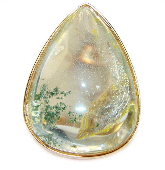 Magic genuine Phantom Quartz 18K Gold over .925 Sterling Silver handmade Cocktail Ring s. 8 adjustable - Close-up of teardrop Phantom Quartz pendant in gold setting.