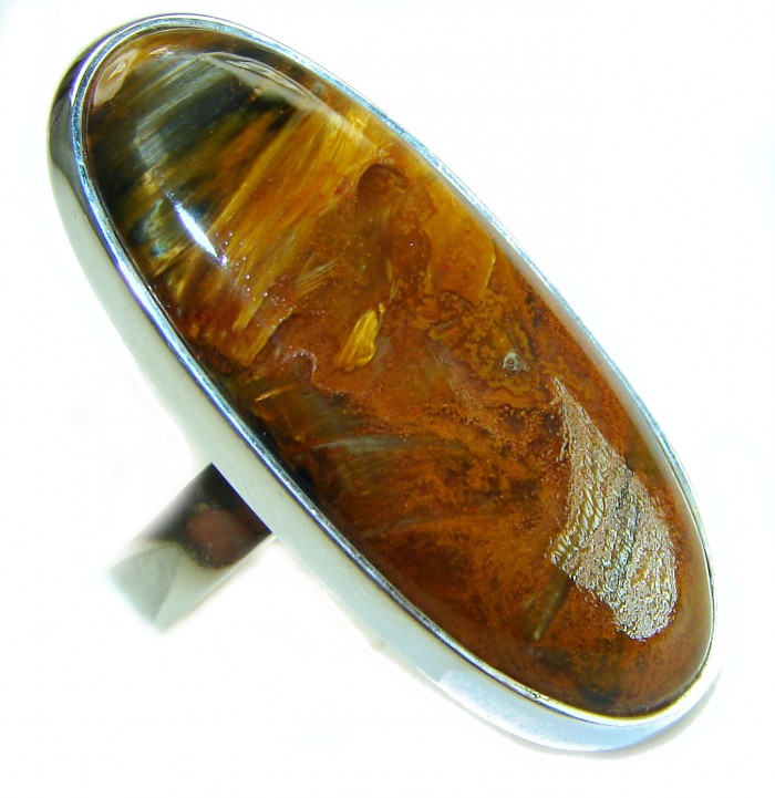 Large 22.5 carat Silky Golden Pietersite .925 Sterling Silver handmade Ring size 8 adjustable - Close-up of large golden Pietersite ring in sterling silver setting