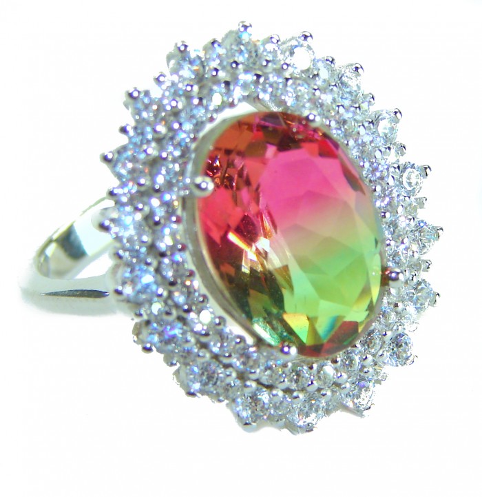Magnificent 11.2 carat oval cut Pink Tourmaline .925 Silver handcrafted Cocktail Ring s. 7 3/4 - Close-up of oval cut pink tourmaline ring with silver and diamond halo.