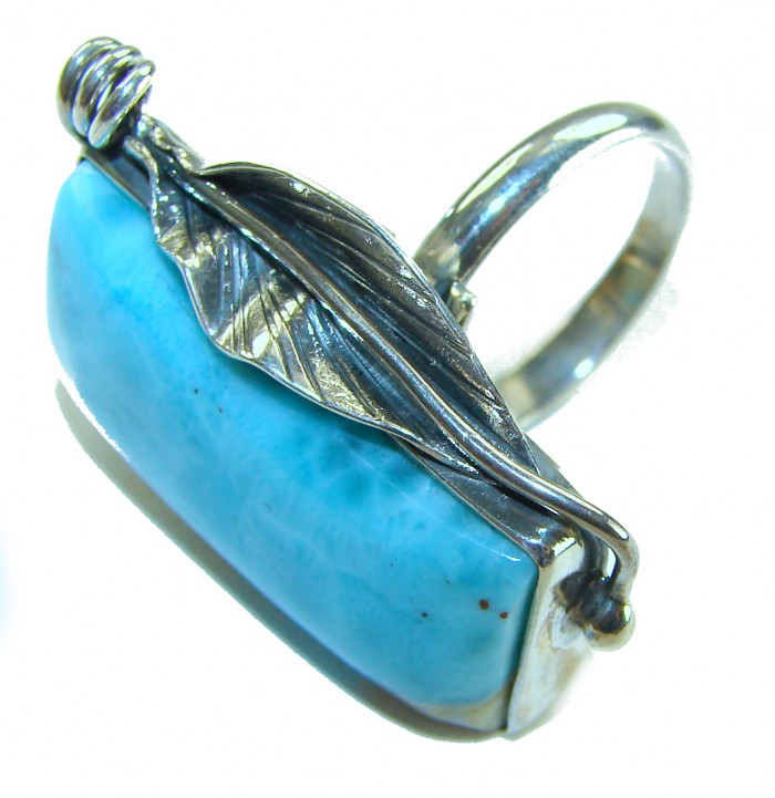 Caribbean Beauty 42.5 carat Genuine Blue Larimar .925 Sterling Silver handmade LARGE ring size 7 adjustable - Side view of blue Larimar ring with leaf design in sterling silver.