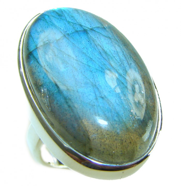 Shimmering Natural Labradorite .925 Sterling Silver handcrafted Large ring size 7 adjustable - Close-up of shimmering labradorite in .925 sterling silver ring.