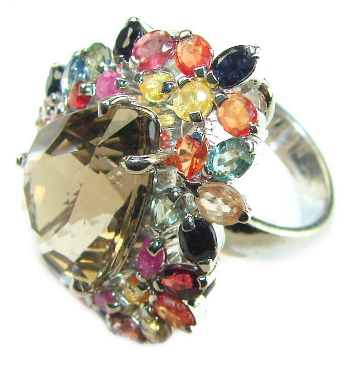 Celestial peace 29.5 carat Champagne Smoky Topaz Sapphire .925 Sterling Silver HUGE Ring size 7 1/4 - Close-up of Celestial Peace ring with colorful sapphires and smoky topaz.