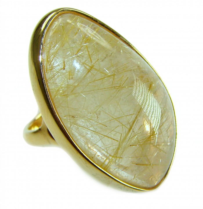 Incredible Design Golden Himalayan Rutilated Quartz 14K Gold over .925 Sterling Silver handcrafted ring size 5 3/4 - Stone close-up of golden Himalayan rutilated quartz in gold setting.