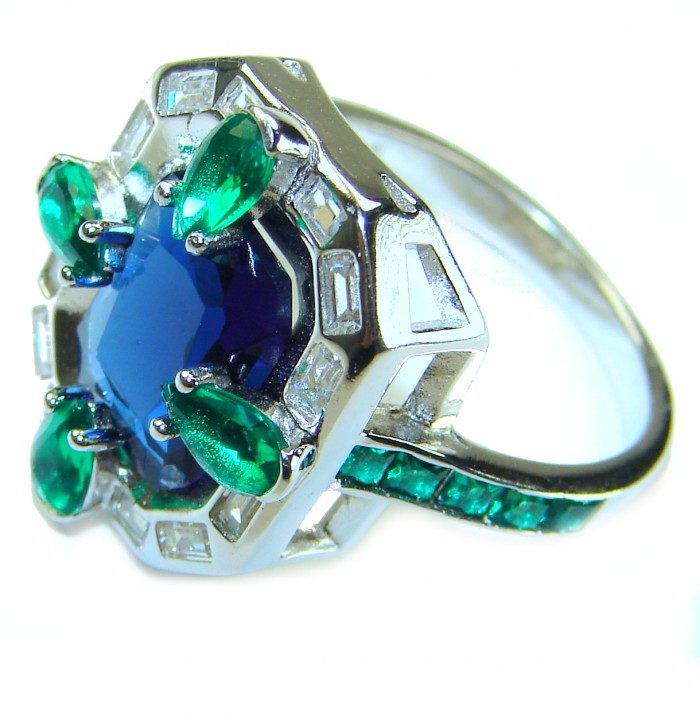 Art Deco 8.6 ctw Sapphire Emerald .925 Sterling Silver handcrafted Statement Ring size 8 - Close-up of Art Deco sapphire and emerald sterling silver ring.
