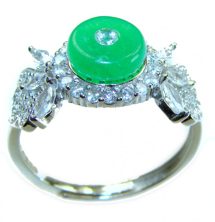 Good Fortune - Vintage Style 4.9 carat Jade .925 Sterling Silver handmade Cocktail Ring s. 8 adjustable - Side view of vintage style jade and diamond ring in sterling silver.