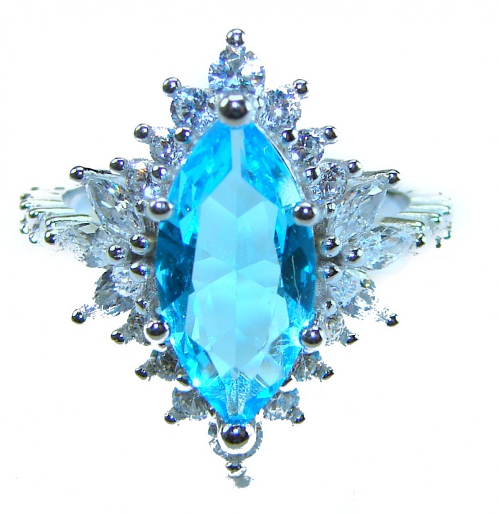 Pacifica 6.5 carat authentic Swiss Blue Topaz .925 Sterling Silver handmade Statement Ring size 6 - Close-up of Pacifica 6.5 ct Swiss Blue Topaz ring in .925 sterling silver