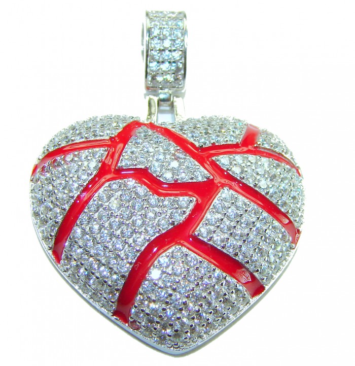 Lava Heart Luxurious 8.4 carat White Topaz .925 Sterling Silver handcrafted pendant - Heart pendant with red enamel and white topaz, front view.