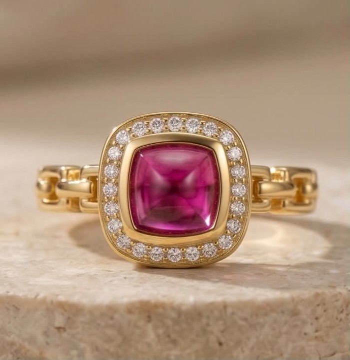 Bella Rosa Natural fancy cut 2.1 carat Pink Tourmaline 18K Gold over .925 Sterling Silver handmade Statement Ring size 6 - Close-up of Bella Rosa Pink Tourmaline ring, 18K gold with diamond halo.