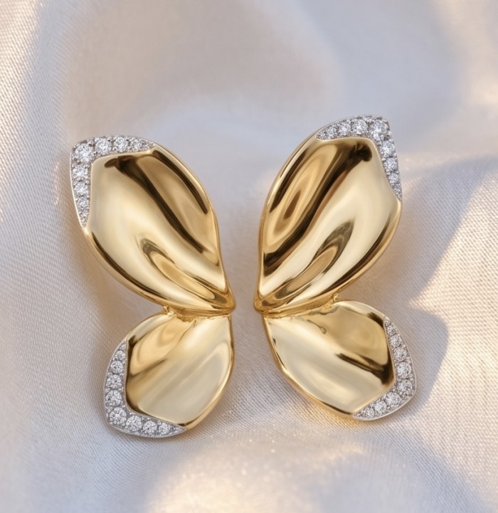 Lotus White Topaz highly polished 18K Gold over .925 Sterling Silver Italy made Earrings - Lotus earrings, front view, gold with white topaz accents.