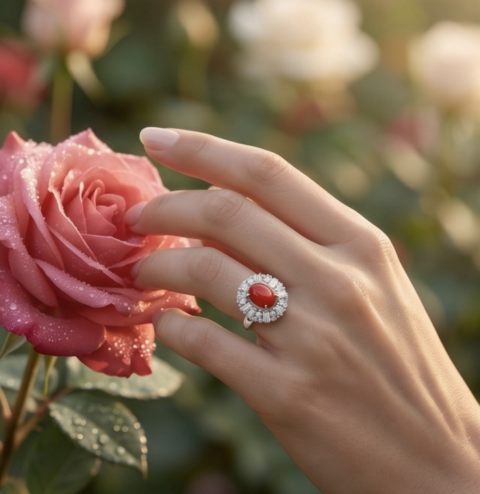 Elizabeth Natural Fossilized Coral 9.8 carat Moissanite .925 Sterling Silver handmade ring s. 7 1/4 - Hand wearing Elizabeth Coral ring with moissanite, next to dewy rose.