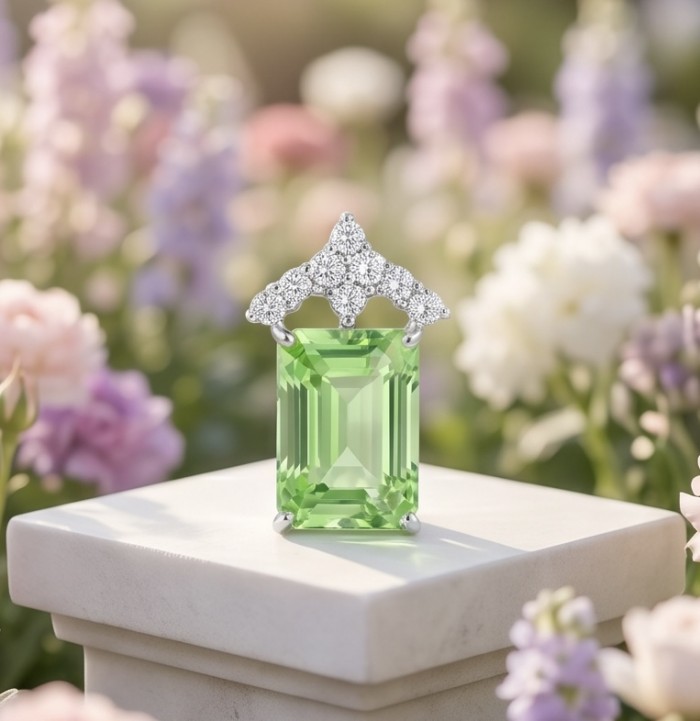 Green Ivy 12.9 carat Lemon Quartz .925 Sterling Silver dipped in rhodium handcrafted pendant - Emerald-cut lemon quartz ring in spring garden setting, front view
