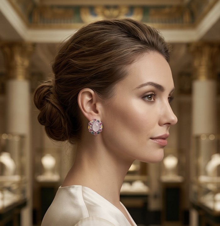 The Love Stone - Authentic 18.9 carat Rose Quartz .925 Sterling Silver luxuriously dipped in rhodium handmade earrings - Side view of model wearing The Love Stone Rose Quartz earrings