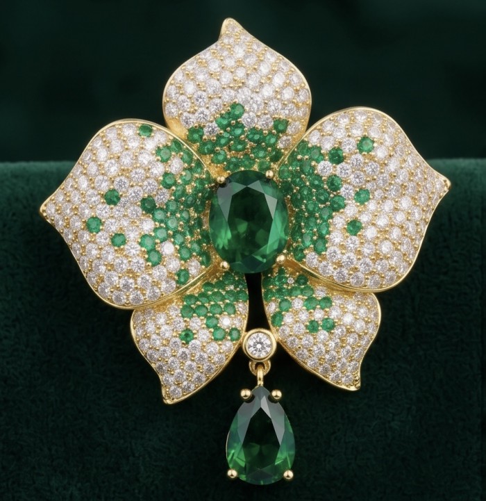 Heirloom Genuine 18.5 carat Colombian Emerald .925 Sterling Silver handmade Brooch - Close-up of floral brooch with emeralds and diamonds on a green background.