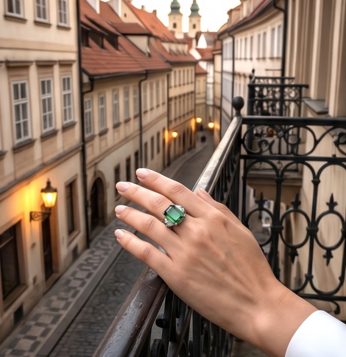 Esperanza - Luxurious baguette cut 22.7 carat Emerald rhodium over .925 Sterling Silver handcrafted Ring s. 7 - Emerald ring worn on hand with European street view in background