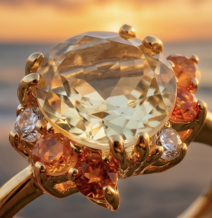 4.2 carat Brazilian Citrine orange Sapphire 18K Gold over .925 Sterling Silver handcrafted ring; s. 8 - Close-up of 4.2 carat citrine and sapphire ring in 18K gold.