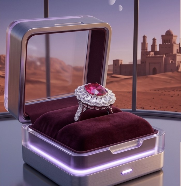 Scarlett 19.7 ctw Mozambique Star Ruby .925 Sterling Silver dipped in 18K WHITE Gold handcrafted Statement Ring size 7 - Star Ruby ring in case, side view with desert background