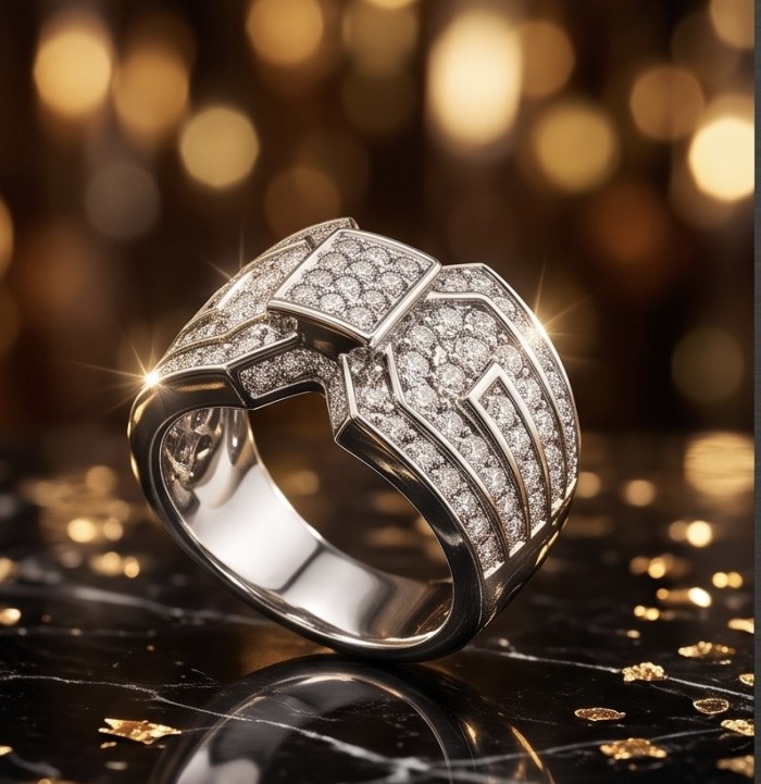 Aphrodite - 4.8 carat White Topaz Silver tone handcrafted Soild ring size 7 - Side view of Aphrodite ring, 4.8ct white topaz, silver tone, sparkling detail