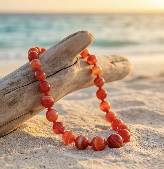 Talisman to banish fear and inspire action - Natural Carnelian Agate .925 Sterling Silver MASSIVE Necklace - Carnelian bead necklace on driftwood at the beach, sunset background