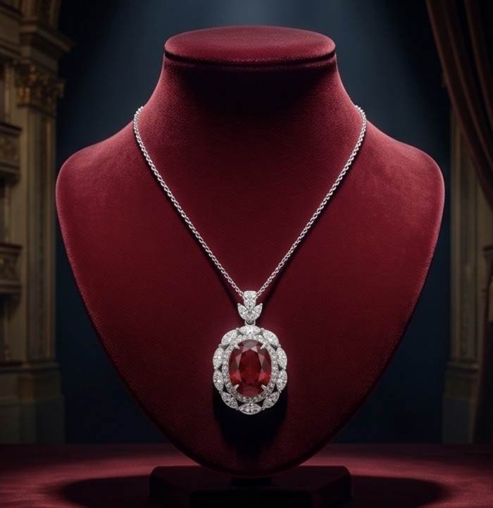 Luxurious 15.9 carat natural Mozambique Ruby .925 Sterling Silver .925 Sterling Silver Statement Necklace - Front view of luxurious ruby necklace on a red velvet display.