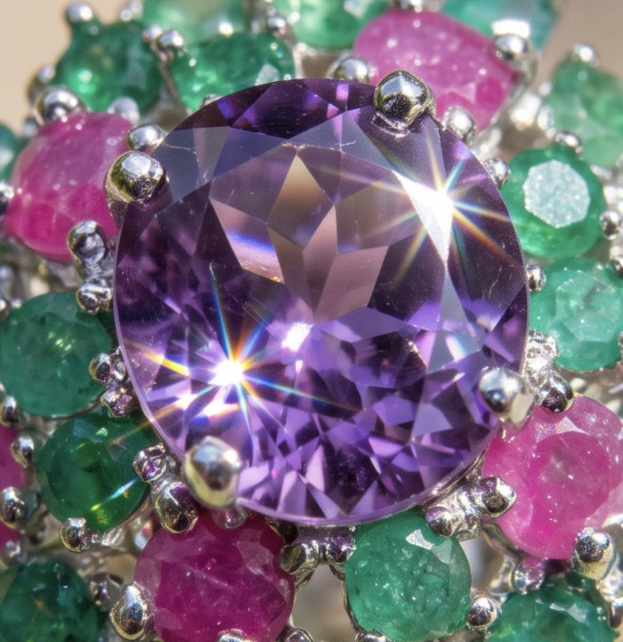 Francesca Genuine 7.7 carat Brazilian Amethyst rhodium over .925 Sterling Silver handcrafted Statement Ring size 9 - Close-up of Francesca 7.7 carat Amethyst with green and pink accents.