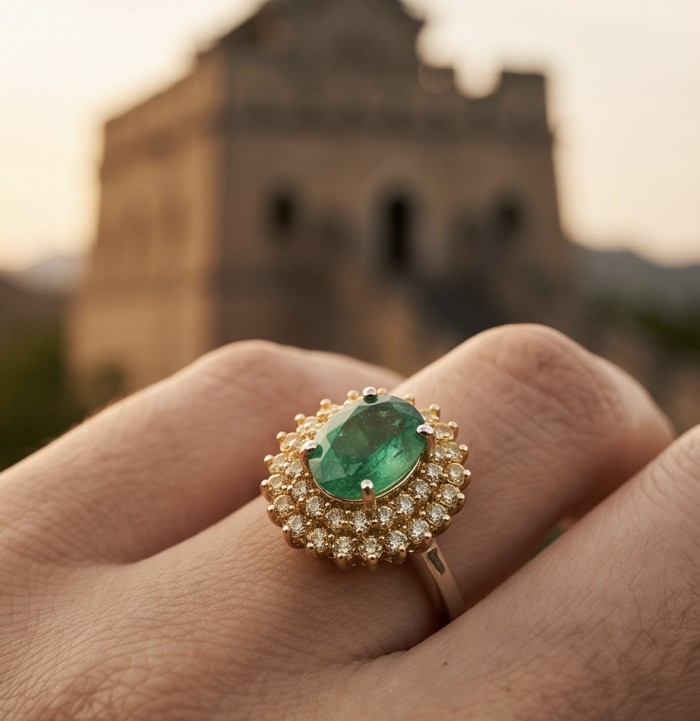 Precious 3.2 CARAT Colombian Emerald 18K Gold over .925 Sterling Silver Statement Ring s. 7 - Close-up of 3.2 carat Colombian emerald ring worn on hand