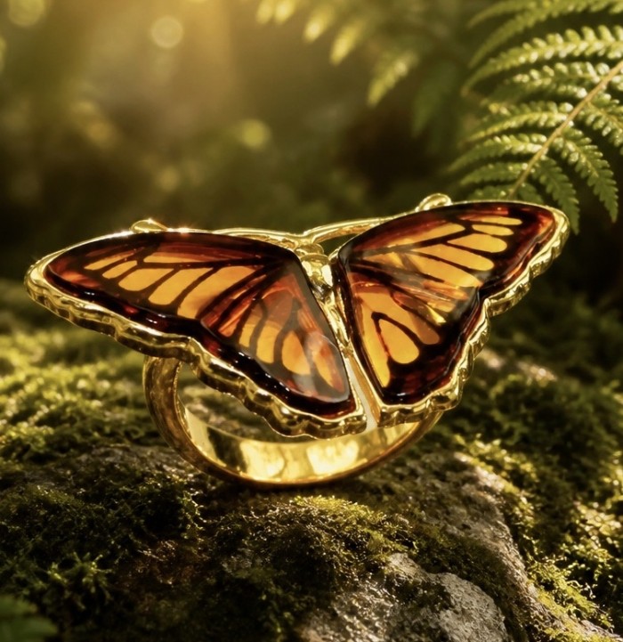 Butterfly Authentic Baltic Amber .925 Sterling Silver dipped in 18K Gold handcrafted ring; s. 7 adjustable - Butterfly amber ring on mossy surface, front view.