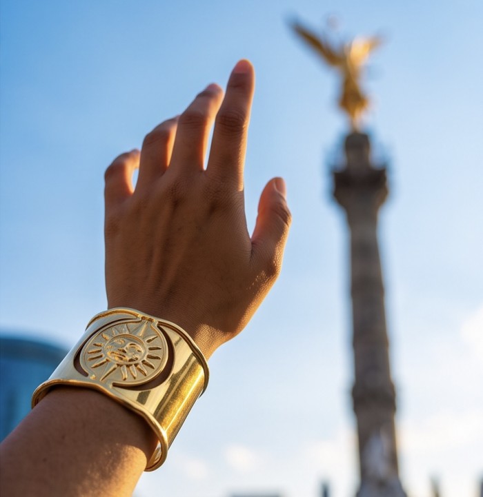 Renewal - Byzantine design 14K Gold over .925 Sterling Silver handcrafted Bracelet / Cuff - Worn on hand, Byzantine gold bracelet with sun design, Angel statue backdrop