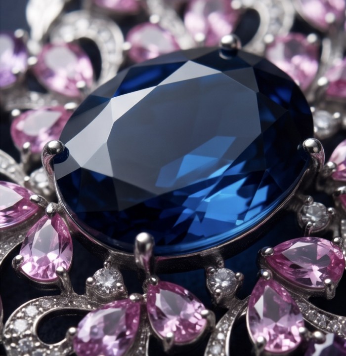 An exuberantly Large 141.8 carats Vintage style London Blue Topaz .925 Sterling Silver DIPPED IN RHODIUM handmade LARGE Pendant - Brooch - Close-up of blue gemstone with pink and white stone accents