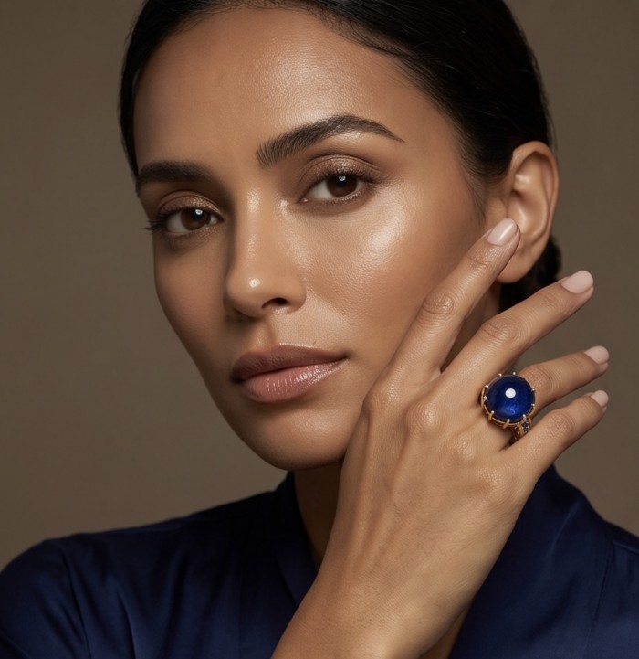 Blue Angel Genuine 34.5 carat Star Sapphire from Madagascar .925 Sterling Silver dipped in 18k Gold handcrafted Ring size 7 - Woman wearing Blue Angel 34.5 carat sapphire ring on hand close-up