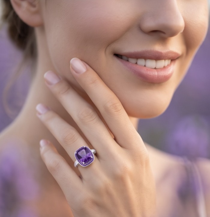 Purple Angel 9.5 carat natural Amethyst rhodium over .925 Sterling Silver Handcrafted Ring size 7 - Purple amethyst ring worn on hand, close-up.