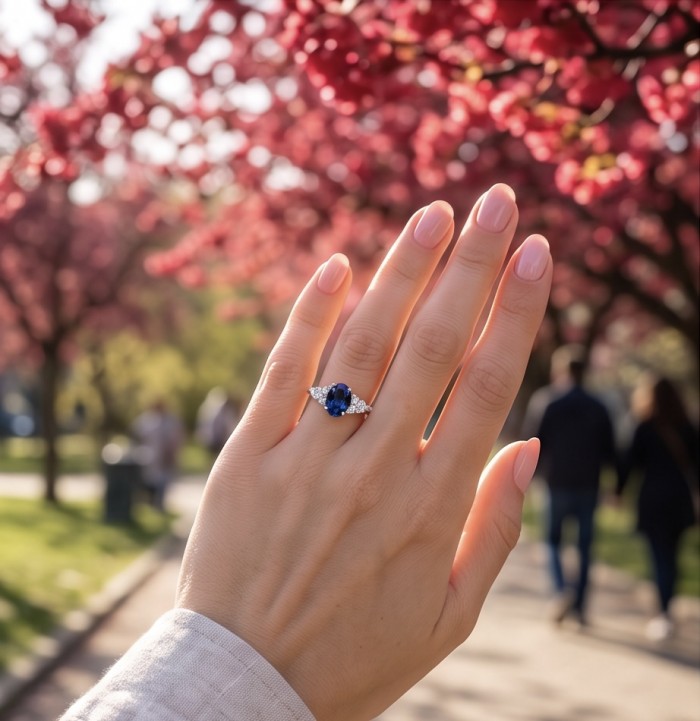 Stella emerald cut 1.5 carat Sapphire .925 Sterling Silver handmade Statement ring size 8 - Sapphire ring worn on hand amidst blooming cherry blossoms.