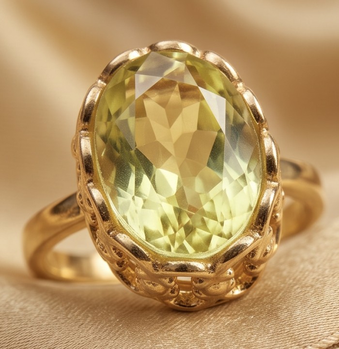 Summer Friday 12.8 carat Genuine Lemon Quartz 18K Gold over .925 Sterling Silver handcrafted ring size 9 - Close-up of 12.8 carat lemon quartz ring in 18K gold over.