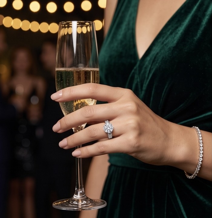 Perfection Round cut 3.2 carat White Topaz rhodium over .925 Silver handcrafted Cocktail Ring s. 7 1/4 - White topaz ring and bracelet worn on hand holding a champagne glass.