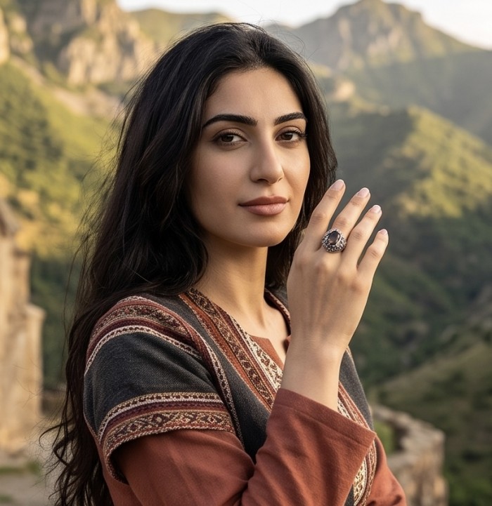 Celestial peace 17.5 carat Champagne Smoky Topaz Ruby .925 Sterling Silver HUGE Ring size 8 - Woman wearing the Celestial peace Smoky Topaz Ruby ring in a scenic setting.