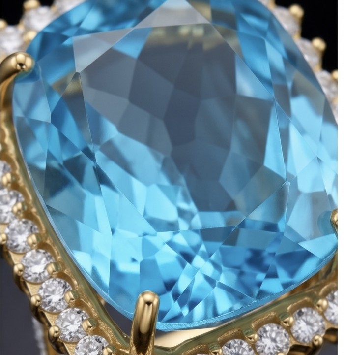 The Ocean Empress 57.8 carat Swiss Blue Topaz 22K Gold over .925 Sterling Silver dipped in rhodium handcrafted ring size 6 - Close-up of The Ocean Empress Swiss Blue Topaz with diamonds and gold.