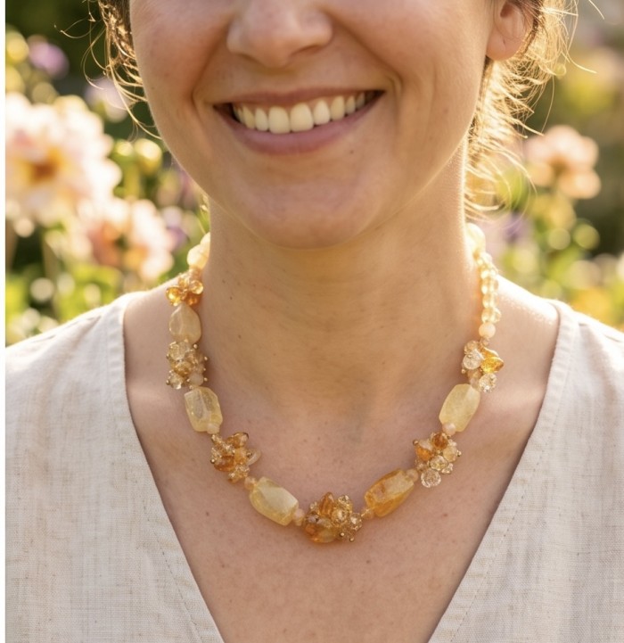 Dazzling vintage natural rough Citrine 14K Gold over .925 Sterling Silver handcrafted Large necklace - Citrine necklace worn, close-up in sunlight, floral background.