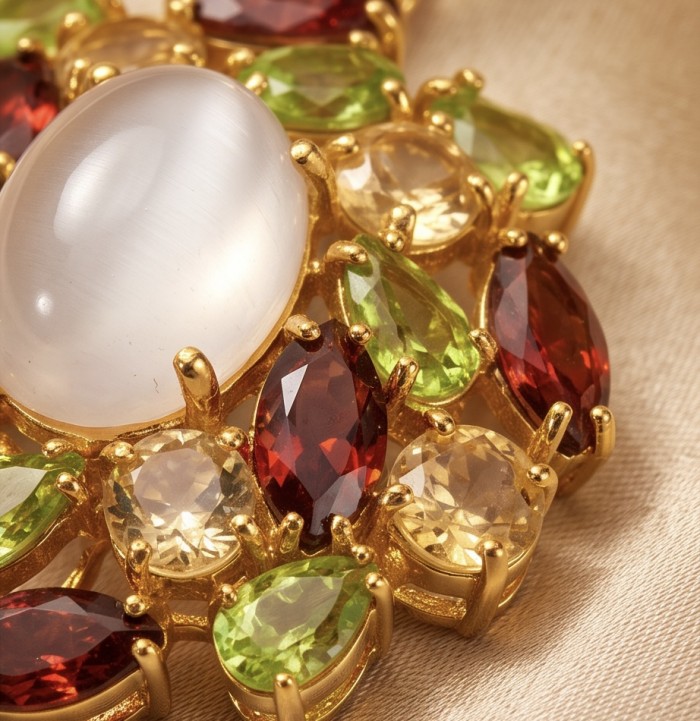 Tuscan Hills 28.7 carat ROSE QUARTZ 18K Gold over .925 Sterling Silver handcrafted pendant - Close-up of gemstones on 18K gold jewelry featuring rose quartz.