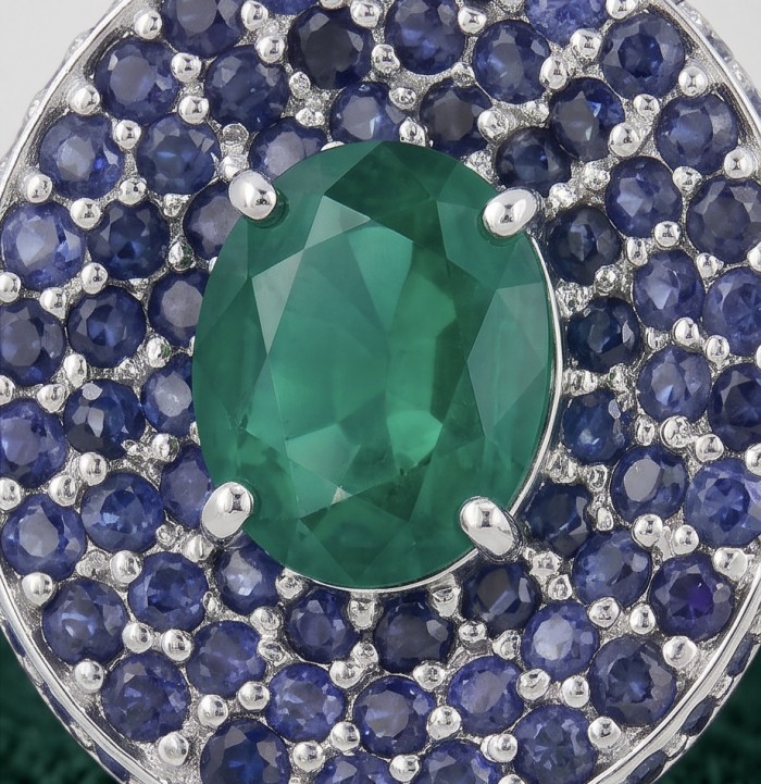 Julietta 19.5 carat Colombian Emerald .925 Sterling Silver handmade LARGE Statement earrings - Close-up of Julietta emerald and sapphire sterling silver jewelry.